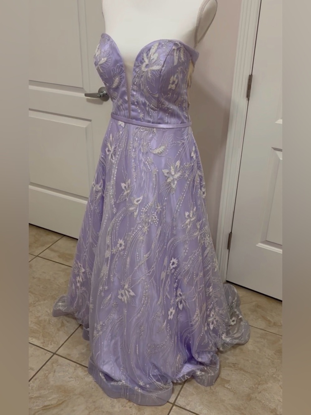Lavender Beaded Floral A-Line Evening Gown